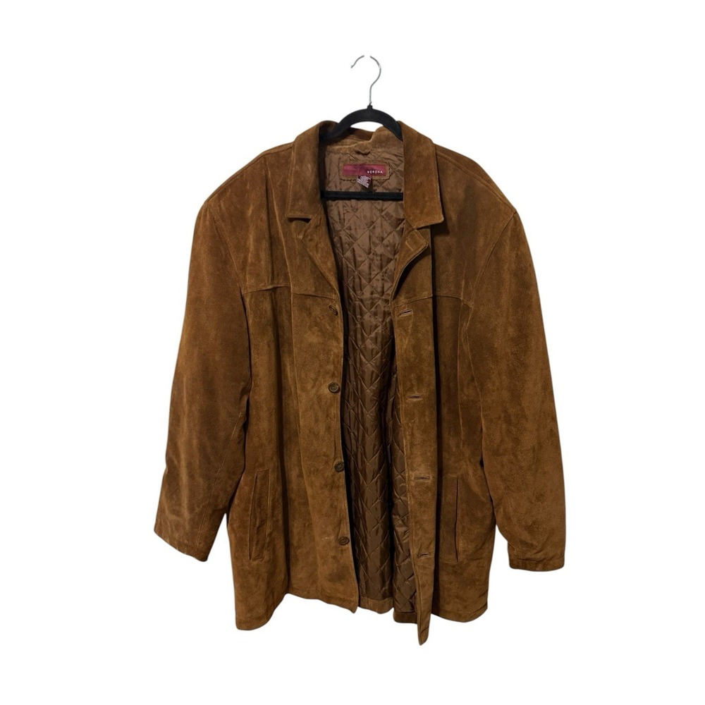 Vintage Merona Mens Brown Leather Suede Jacket Size XL Button‎ Front Lined Mid